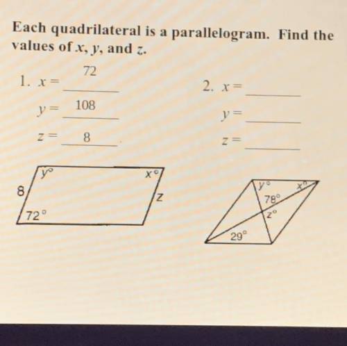 Each quadrilateral is a parallelogram find the values of x y and z (just number 2)