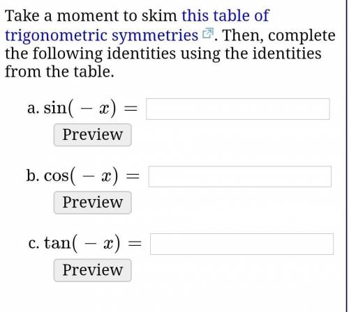 Take a moment to skim this table of trigonometric symmetries. Then, complete the following identiti