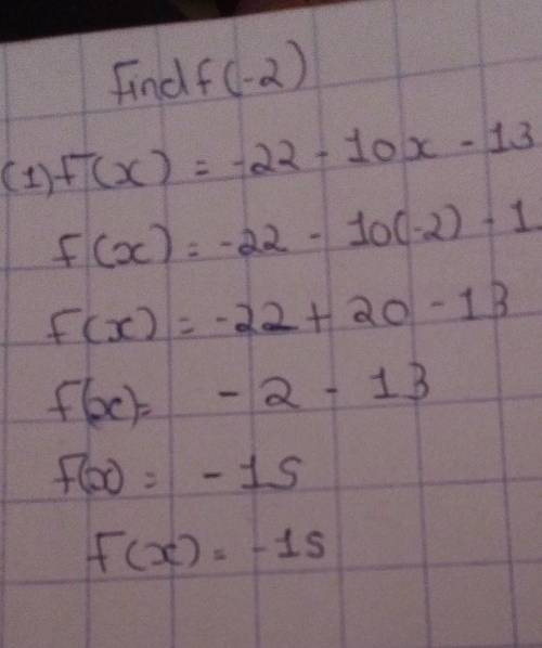 F(x) = -22 - 10x - 13
Find f(-2)