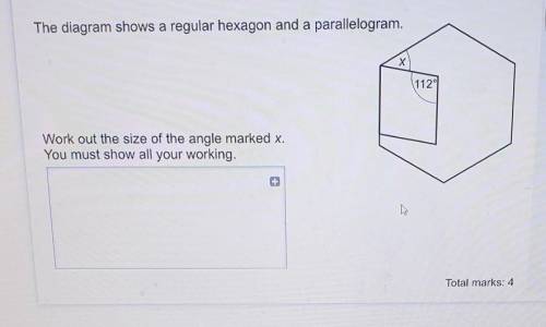 The diagram shows a regular hexagon and a parallelogram.

х(112°Work out the size of the angle mar
