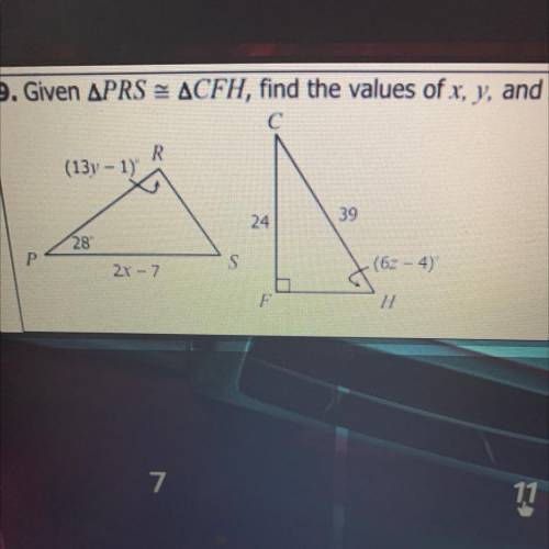 9. Given APRS = ACFH, find the values of x, y, and z