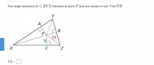 The angle bisectors of △XYZ intersect at point P and are shown in red. Find PB.