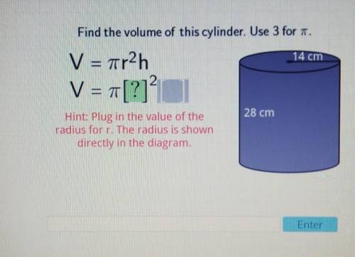 Find the volume of this cylinder.

Hint: Plug in the value of the radius for r. The radius is show