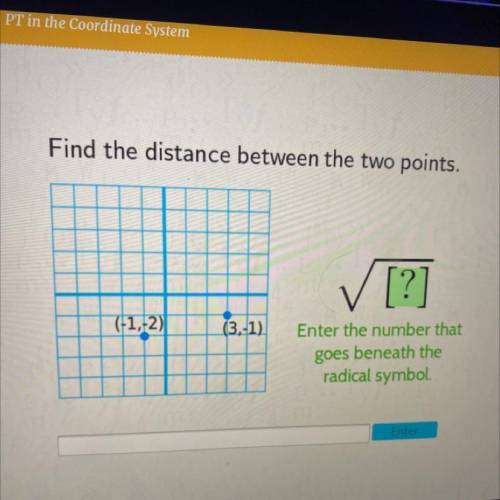 Find the distance between the two points.

✓ [?]
(-1,-2)
(3,-1)
Enter the number that
goes beneath