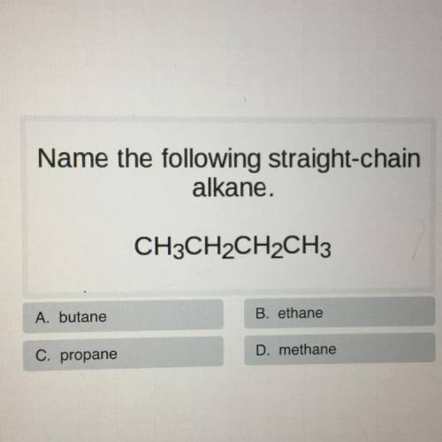 Name the following straight-chain
alkane.
CH3CH2CH2CH3