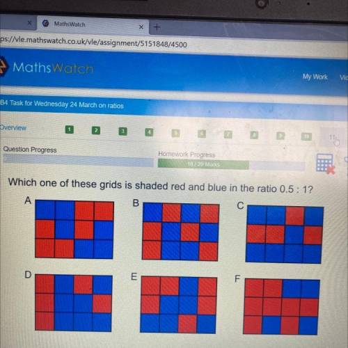 Which one of these grids is shaded red and blue in the ratio 0.5:1?

А.
B
C
D
E
Fחד