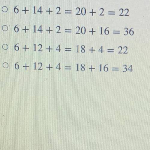 Which choice shows 6 + 2 + 14 rewritten correctly using the commutative property

and then simplif