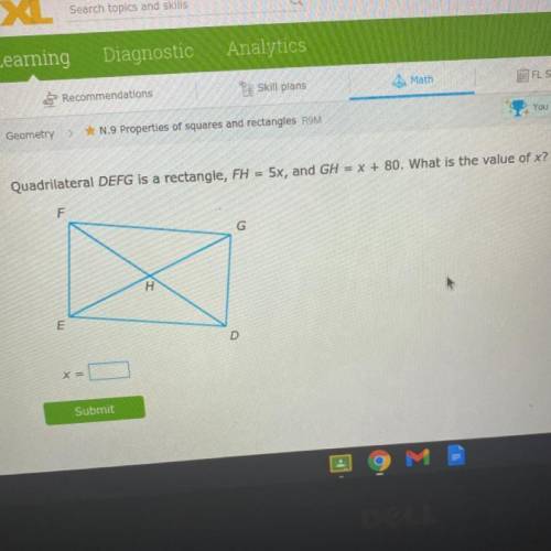 Quadrilateral DEFG is a rectangle, FH = 5x, and GH = x + 80. What is the value of x?
HELPPPP