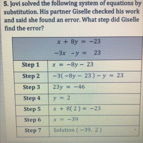 5. Jovi solved the following system of equations by

substitution. His partner Giselle checked his