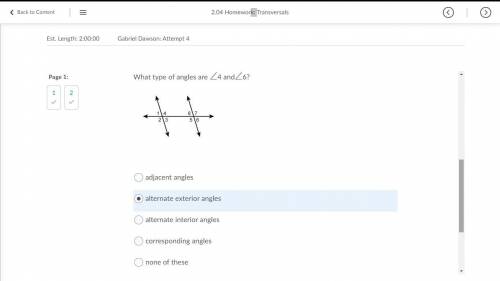 What type of angles are ∠4 and∠6?

Question 2 options:
adjacent angles
alternate exterior angles
a