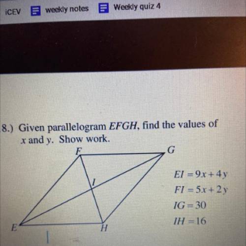 Given parallelogram EFGH find values of x and y.