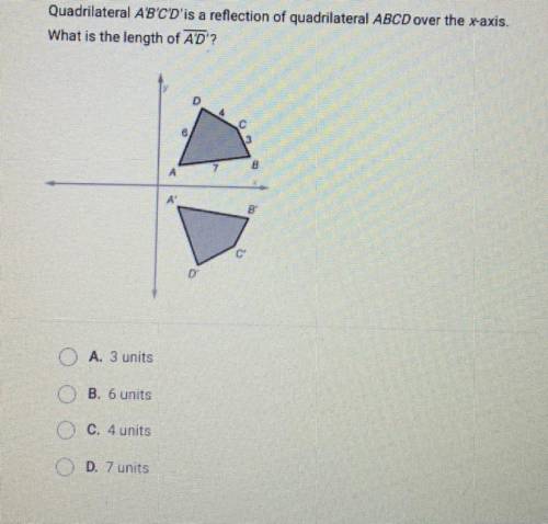 Please helppp

Quadrilateral A’B’C’D is a reflection of quadrilateral ABC D over the X-axis what i