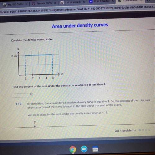 What is the percent of the area under the density curve where x is less than 4
