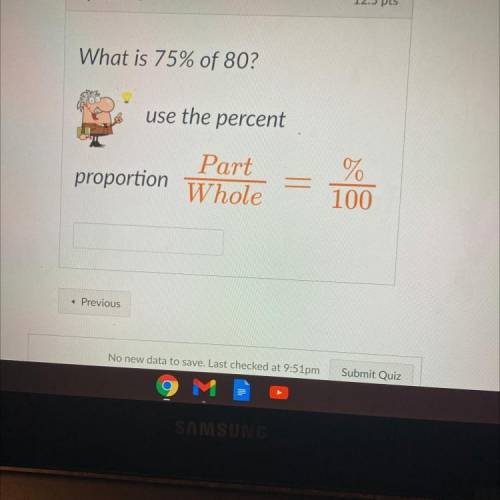 What is 75% of 80 by using the percent proportion