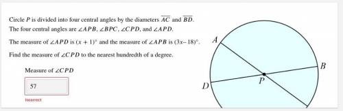 Circle P is divided into four central angles by the diameters ⎯⎯⎯⎯⎯⎯⎯⎯ and ⎯⎯⎯⎯⎯⎯⎯⎯⎯ . The four cen