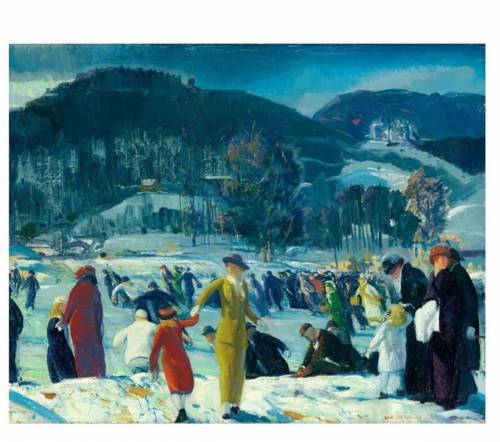 Look at Love of Winter by George Wesley Bellows. How does the Bellows show space in his painting? H