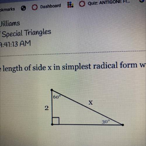 Find the length of side x in simplest radical form with a rational denominator