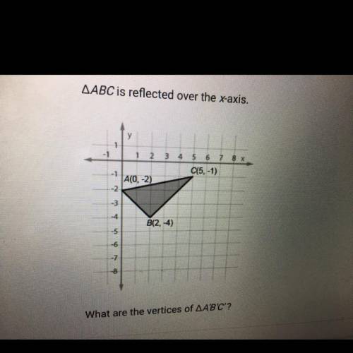 Pls help me if your good at math I’ll mark brainliest:))<333

What are the vertices of AA'B'C'?