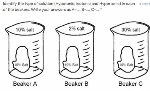 identify the type of solution (Hypotonic, Isotonic and Hypertonic) in each of the beakers. Write yo
