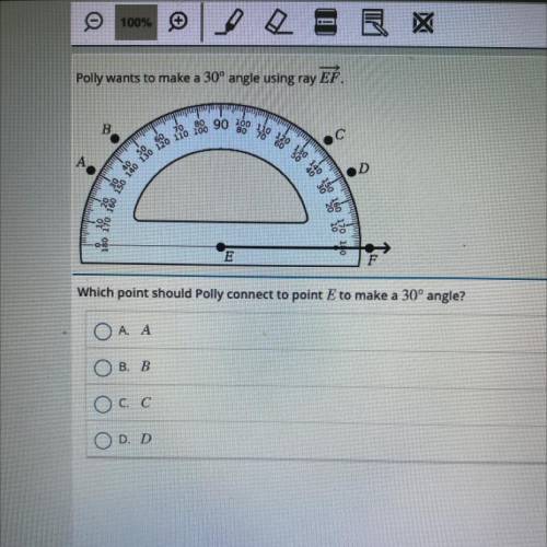 Which point should Polly connect to point E to make a 30° angle?