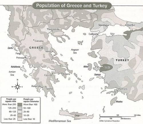 write a statement that compares the population of present-day Greece with that of turkey as is show