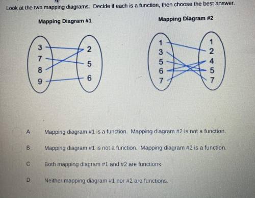 Please help!

А
Mapping diagram #1 is a function. Mapping diagram #2 is not a function.
B.
Mapping