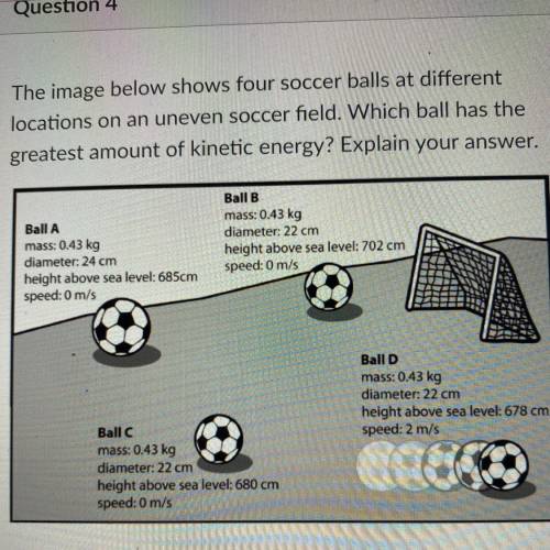 The image below shows four soccer balls at different

locations on an uneven soccer field. Which b