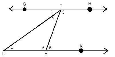 Consider the diagram below where GH//DK. The measure of angle 6 is 75˚and angle 2 is 30˚. Find the