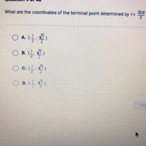 What are the coordinates of the terminal point determined by 20pi/3