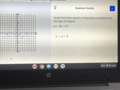 Graph the linear system of equations and determine the type of solution 
Y=2x+8
-x+y=6