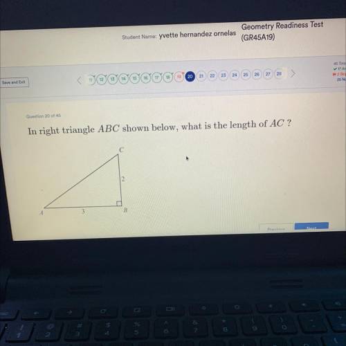 Question 20 of 45In right triangle ABC shown below, what is the length of AC ?​