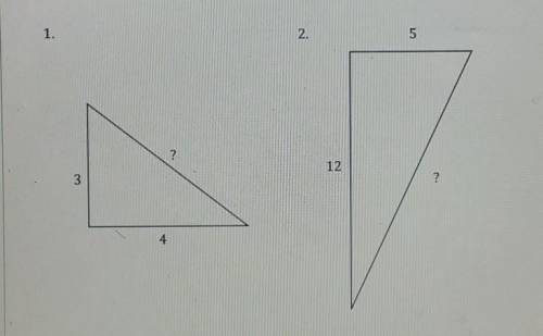 For each of the right triangles, find the length of the missing side using the Pythagorean theorem.