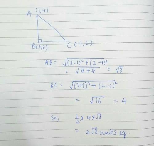 What is the area of the right triangle ABC, given a(1,4), B(3,2), and C(-1,-2)