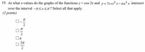 At what x-values do the graphs of the functions y=cos2x and y=3cos^2x-sin^2x intersect over the int