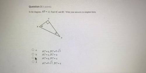 Question 35 points)

In the diagram, AB - 12. Find A and BC. Write your answers in simplest form
О