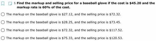 Find the markup and selling price for a baseball glove if the cost is $45.20 and the markup rate is