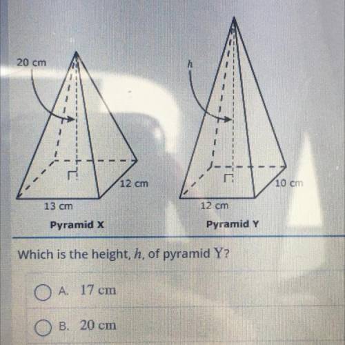 NEED HELP ASAP

Rectangular pyramids X and Y have equal volumes.
20 cm
h
12 cm
10 cm
13 cm
12 cm
P