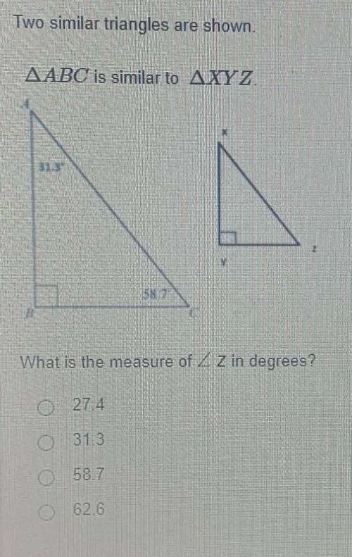 Two similar triangles are shown. AABC is similar to AXYZ What is the measure of 2 Z in degrees? o 2