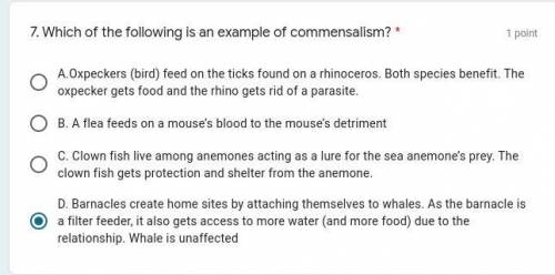 which of the following is an example of commensalism? i just need someone to check my answer if its
