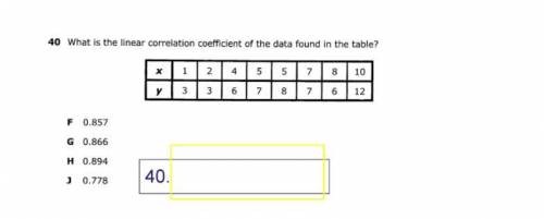 What is the linear correlation coefficient of the data found in the table? (40 is the question numb