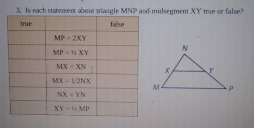 Is each statement about triangle MNP and midssegment XY true or false ?​