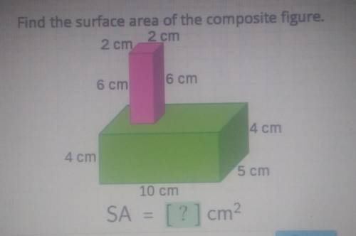 Find the surface area of the composite figure 2 cm 2 cm 6 cm 6 cm 4 cm 4 cm 5 cm 10 cm SA = [?] cm​