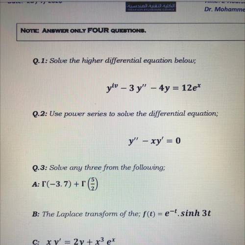 Q.2: Use power series to solve the differential equation;
y! – xy' = 0
?