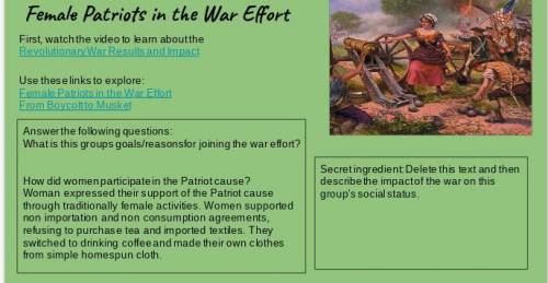 I need help on two parts on Female Patriots in the War Effort

What are this group's goals/reasons