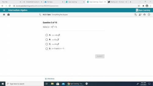 Solve the problem for (x-4)^2=5.
