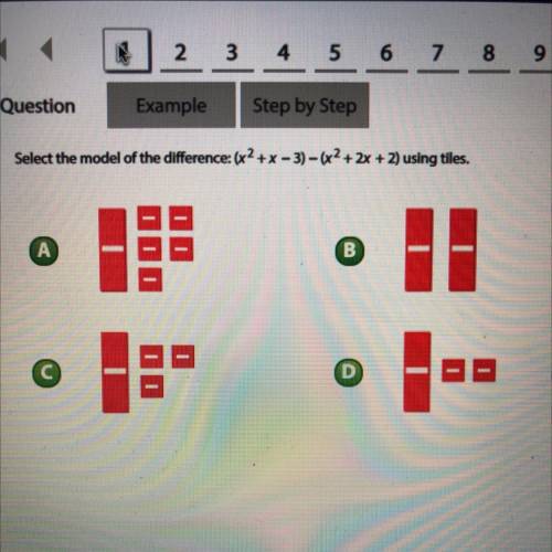 Select the model of the difference (X^2+x-3)-(x^2+2x+2) using tiles. Please help