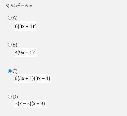 2) The complete factorization of 2x2 + 4x – 48:

A) 2(x – 6)(x + 4)
B) 2(x + 2)(x – 12)
C) 2(x + 1