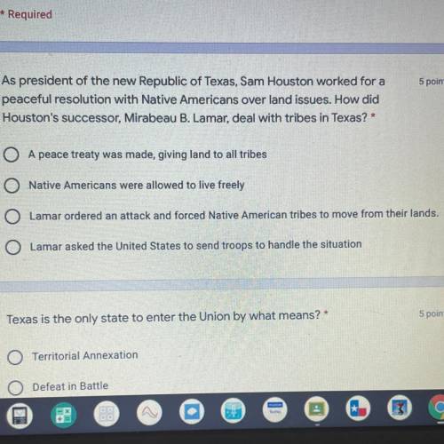 5 points

As president of the new Republic of Texas, Sam Houston worked for a
peaceful resolution