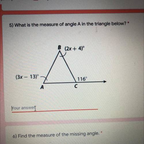 What is the measure of angle A in the triangle below?