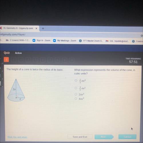 What expression represents the volume of the cone, in

cubic units?
xx 3
O 2013
O 47x3